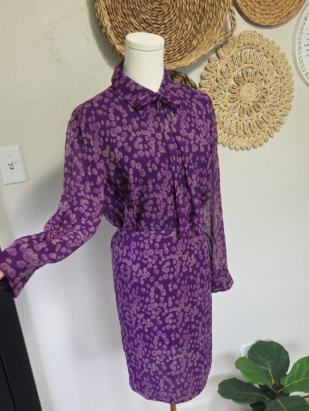 Cynthia Howie Vintage y2K 100% Silk Purple Printed Pencil Skirt Set Womens 8P